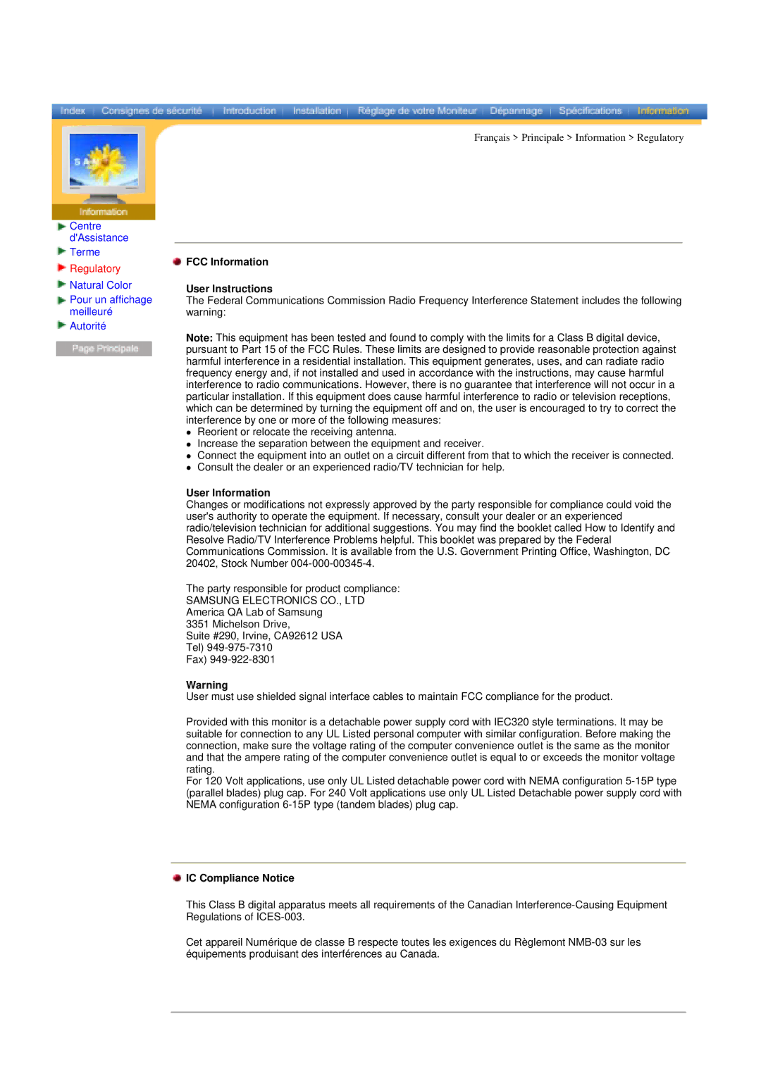 Samsung RT15ASSST/EDC, RT15ASSS/EDC Regulatory, FCC Information User Instructions, User Information, IC Compliance Notice 