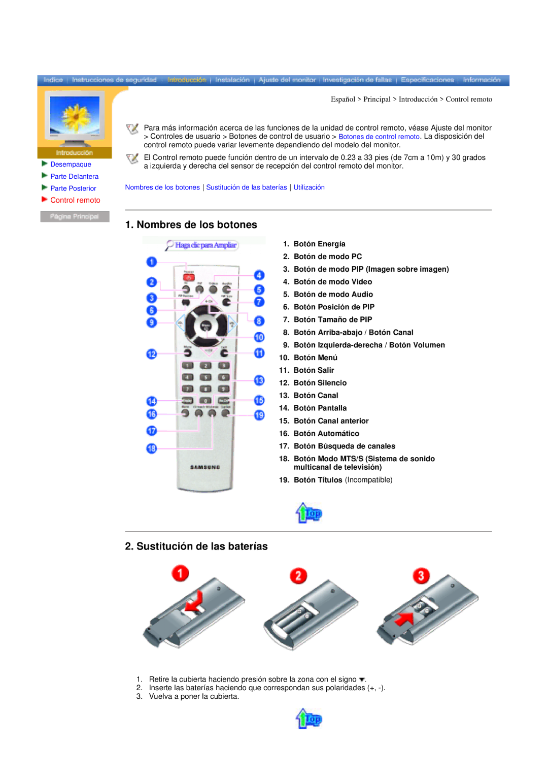 Samsung RT15ASSST/EDC, RT17ASSST/EDC manual Nombres de los botones, Sustitución de las baterías, Control remoto 