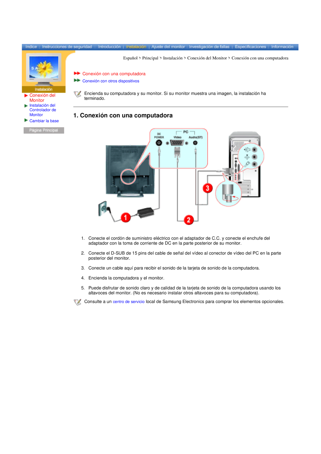 Samsung RT17ASSST/EDC, RT15ASSST/EDC manual Conexión con una computadora, Conexión del Monitor 