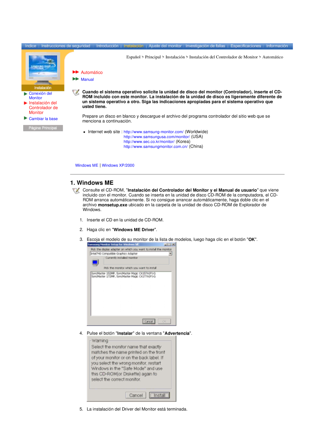 Samsung RT17ASSST/EDC manual Instalación del Controlador de Monitor, Automático, Haga clic en Windows ME Driver 