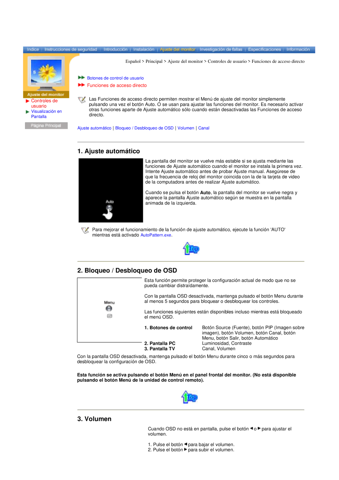 Samsung RT15ASSST/EDC manual Ajuste automático, Bloqueo / Desbloqueo de OSD, Volumen, Menu, botón Salir, botón Automático 