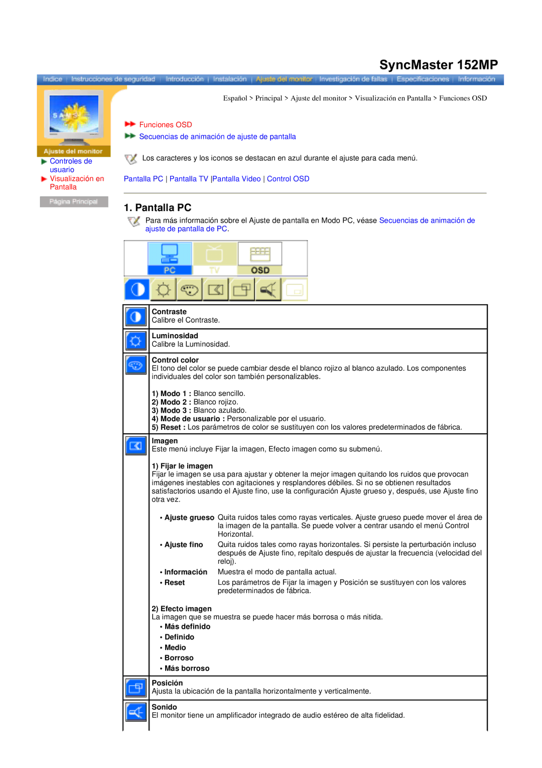 Samsung RT15ASSST/EDC, RT17ASSST/EDC manual Pantalla PC 