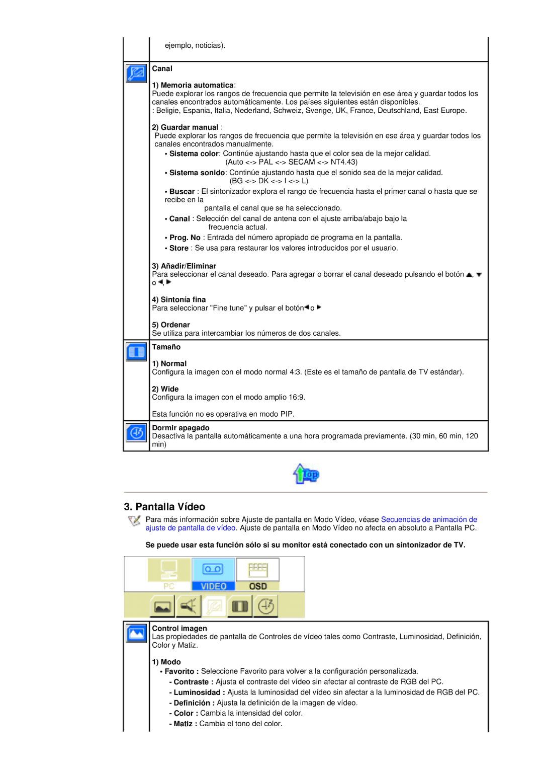 Samsung RT15ASSST/EDC, RT17ASSST/EDC manual Pantalla Vídeo 