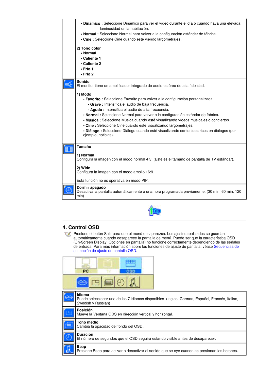 Samsung RT17ASSST/EDC, RT15ASSST/EDC manual Control OSD, Idioma, Tono medio, Duración, Beep 