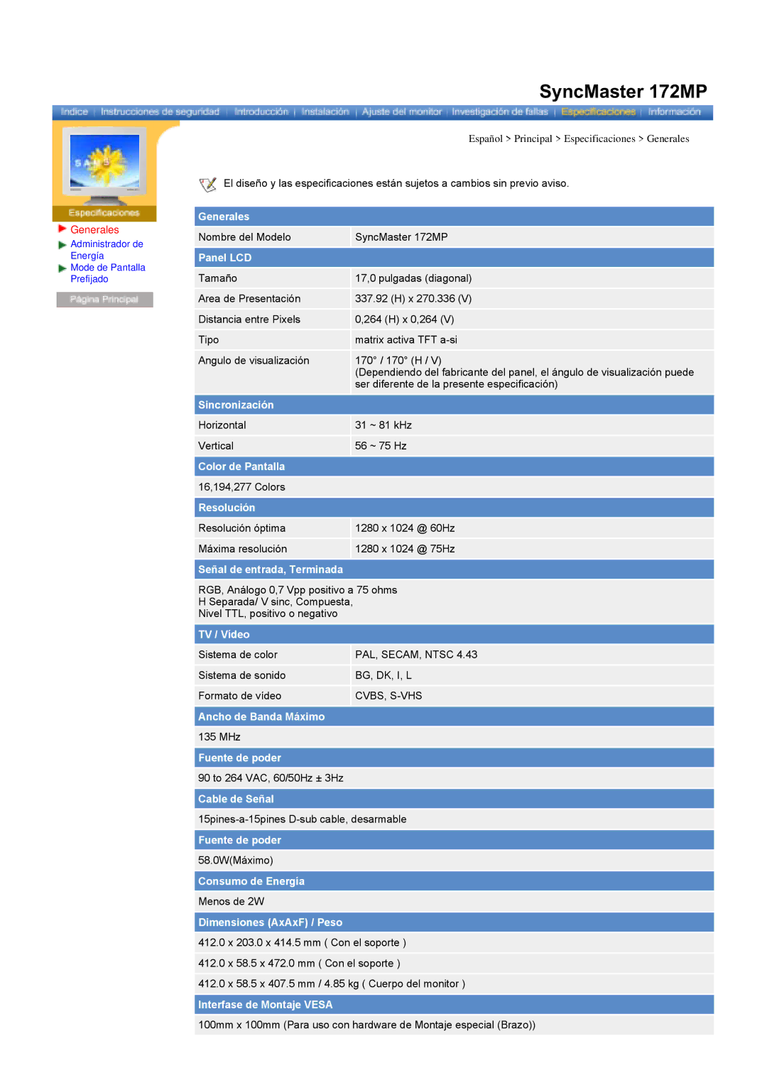 Samsung RT17ASSST/EDC, RT15ASSST/EDC manual Nombre del Modelo SyncMaster 172MP 