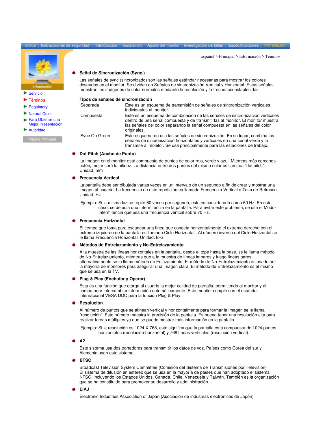 Samsung RT15ASSST/EDC manual Señal de Sincronización Sync, Tipos de señales de sincronización, Dot Pitch Ancho de Punto 