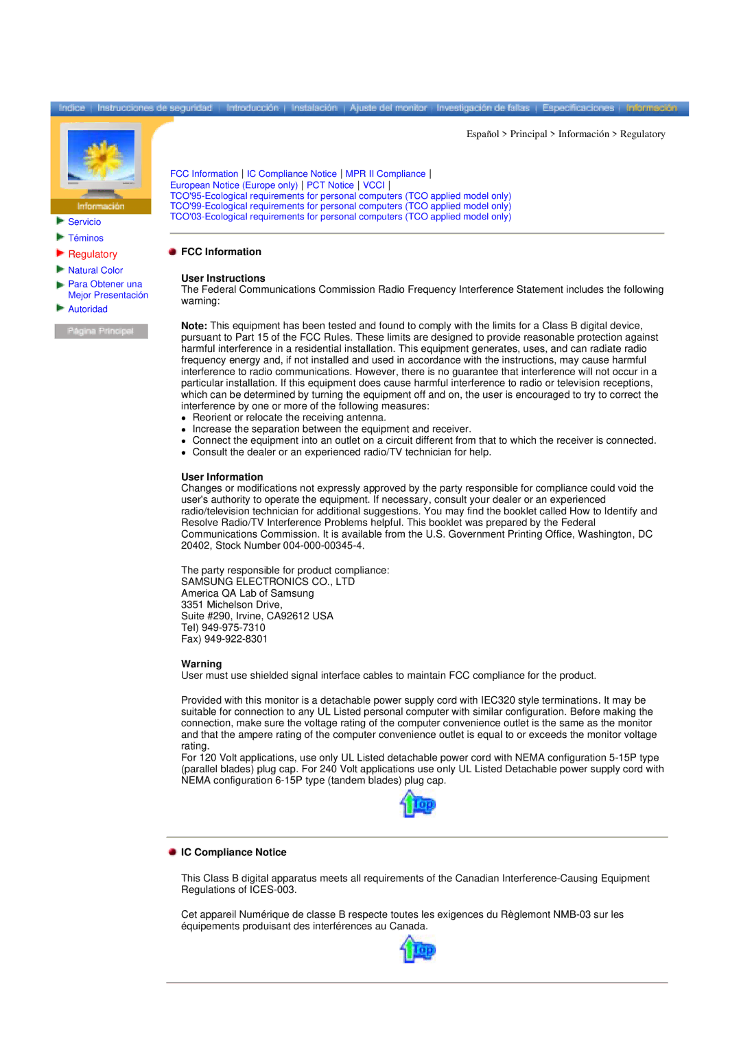 Samsung RT17ASSST/EDC, RT15ASSST/EDC Regulatory, FCC Information User Instructions, User Information, IC Compliance Notice 