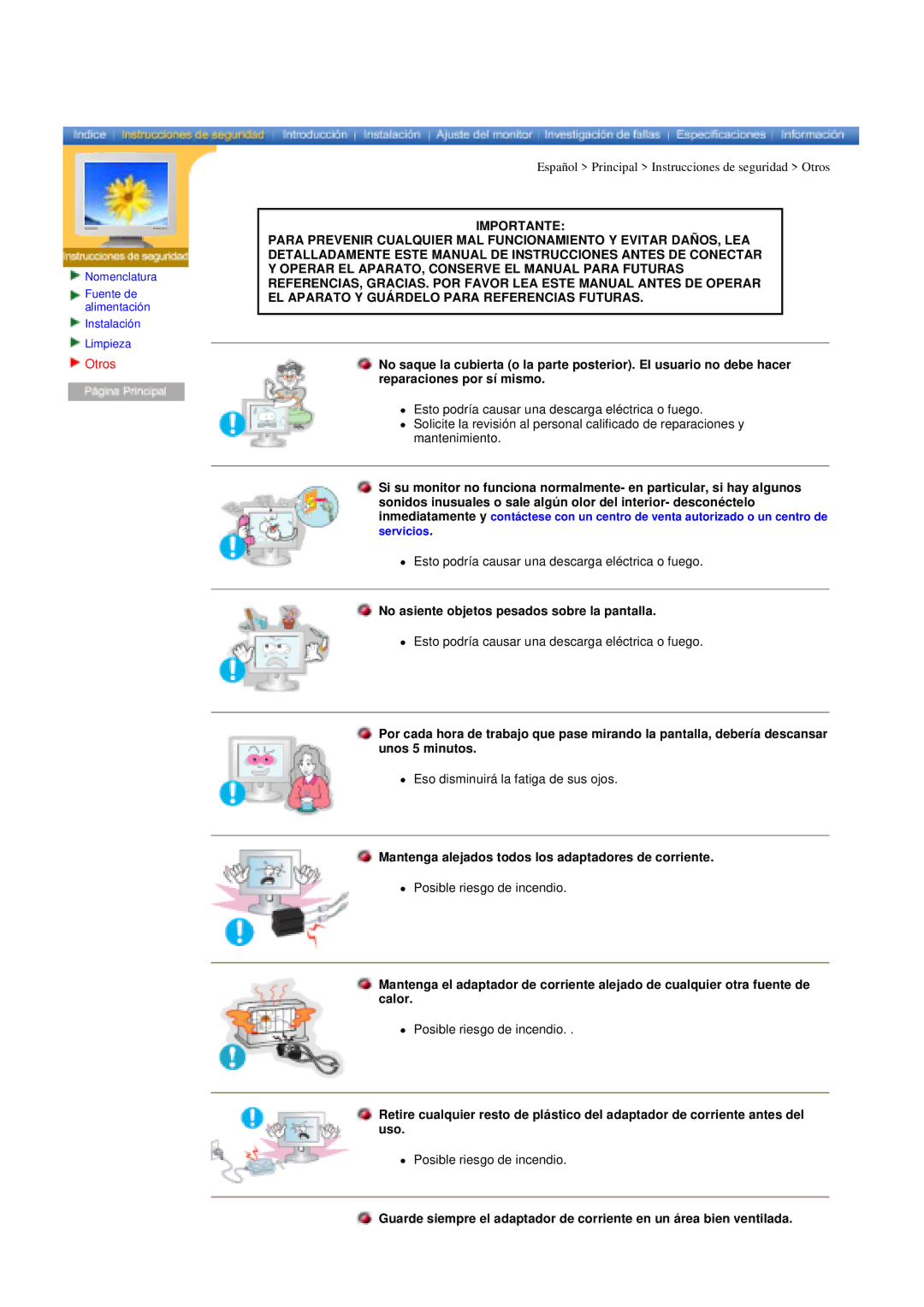 Samsung RT17ASSST/EDC, RT15ASSST/EDC manual Otros, No asiente objetos pesados sobre la pantalla 