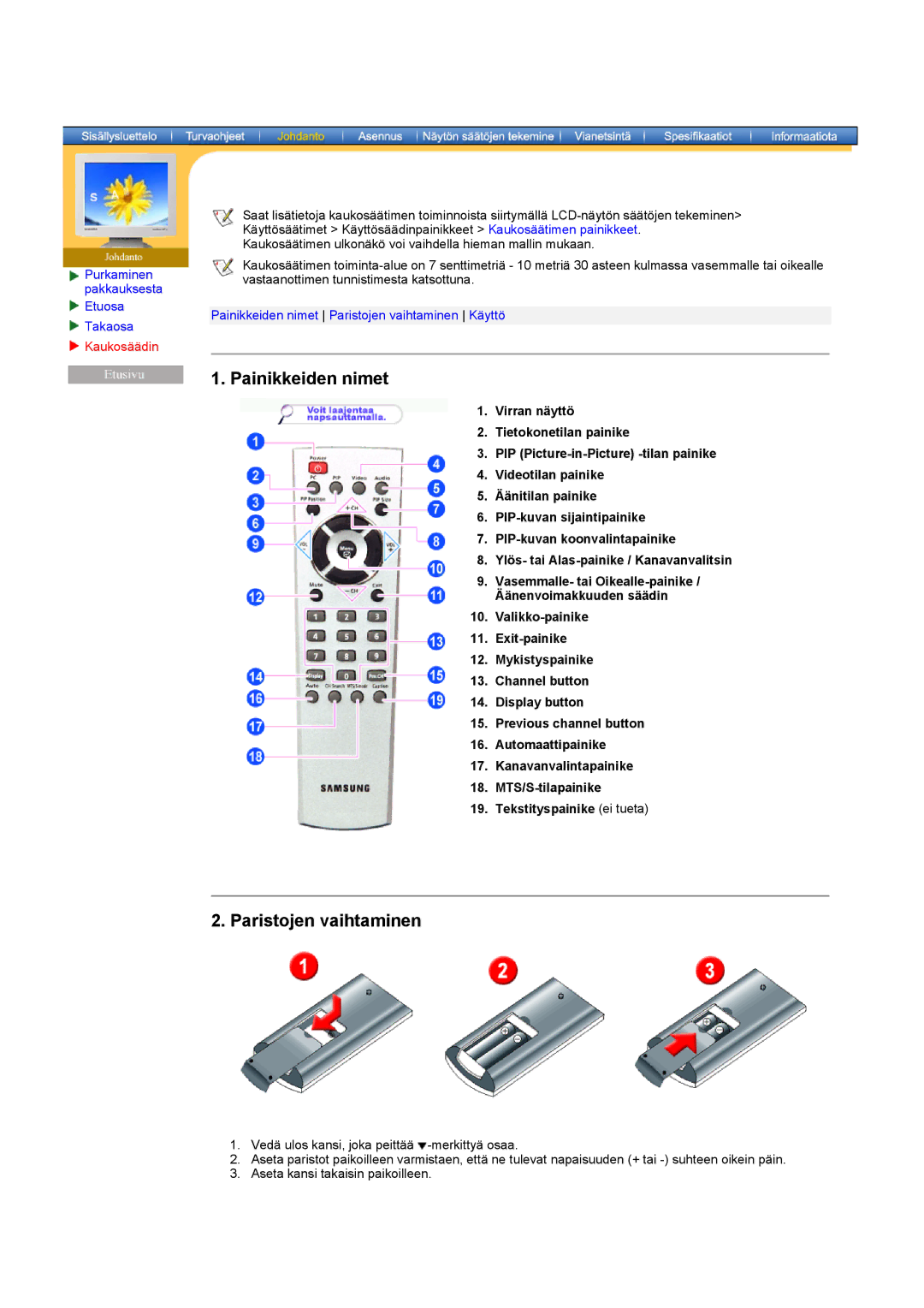 Samsung RT15ASSST/EDC, RT17ASSST/EDC manual Painikkeiden nimet, Paristojen vaihtaminen 