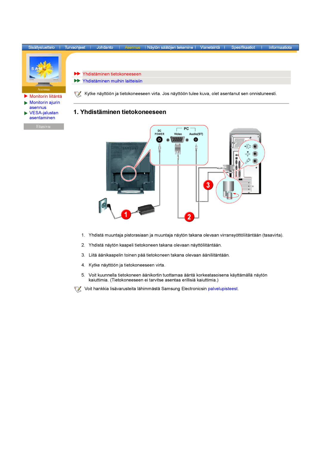 Samsung RT17ASSST/EDC, RT15ASSST/EDC manual Yhdistäminen tietokoneeseen, Monitorin liitäntä 