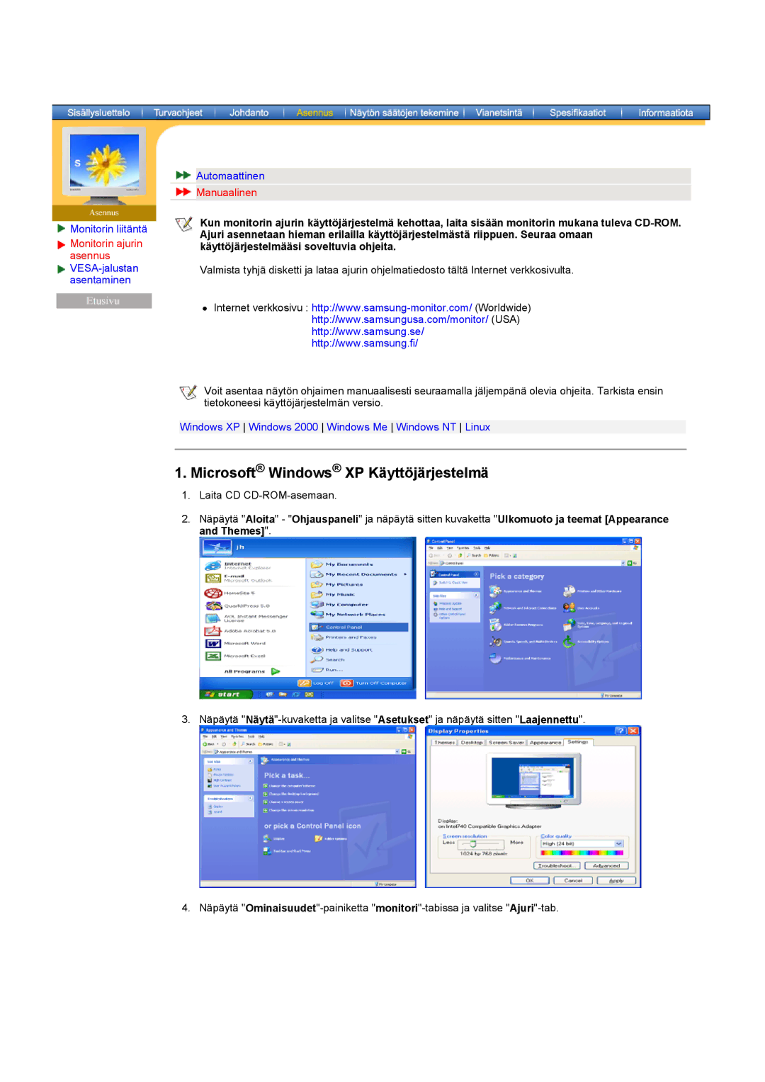 Samsung RT17ASSST/EDC manual Microsoft Windows XP Käyttöjärjestelmä, Monitorin ajurin asennus VESA-jalustan asentaminen 