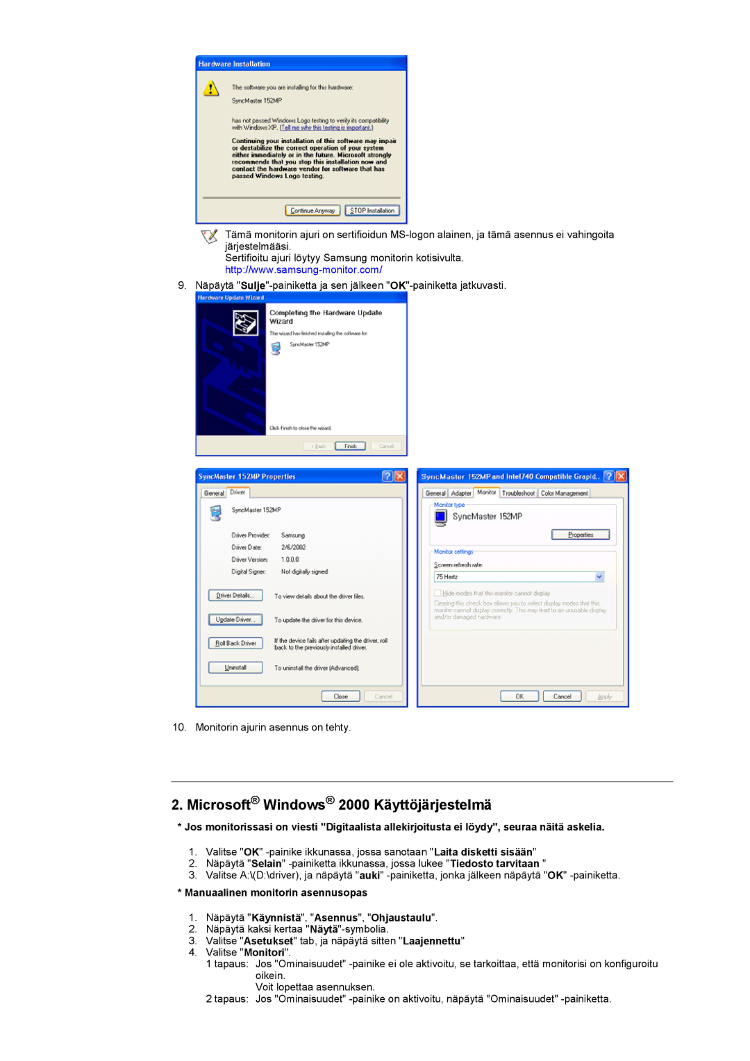 Samsung RT17ASSST/EDC, RT15ASSST/EDC manual Microsoft Windows 2000 Käyttöjärjestelmä 