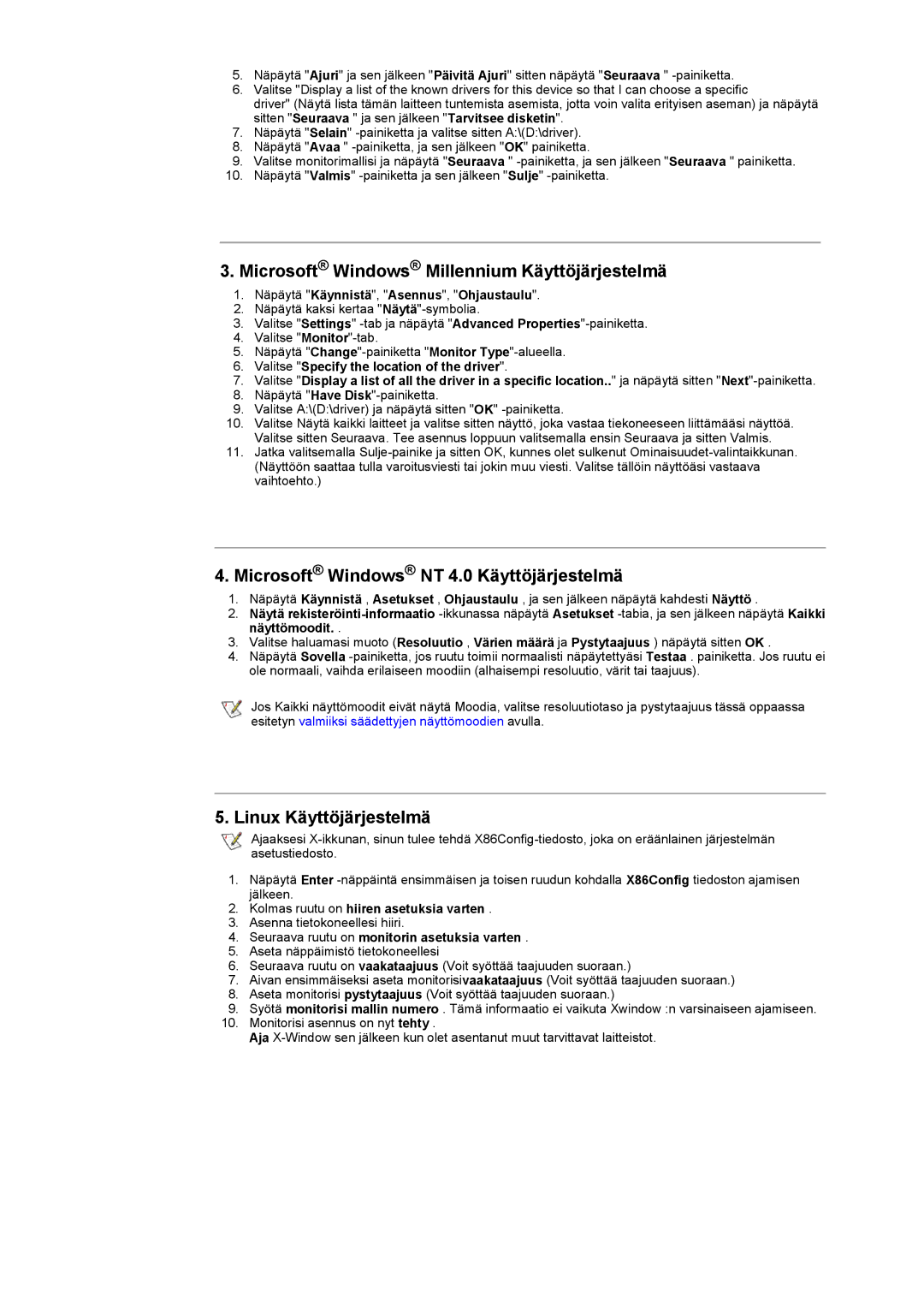 Samsung RT15ASSST/EDC manual Microsoft Windows Millennium Käyttöjärjestelmä, Microsoft Windows NT 4.0 Käyttöjärjestelmä 