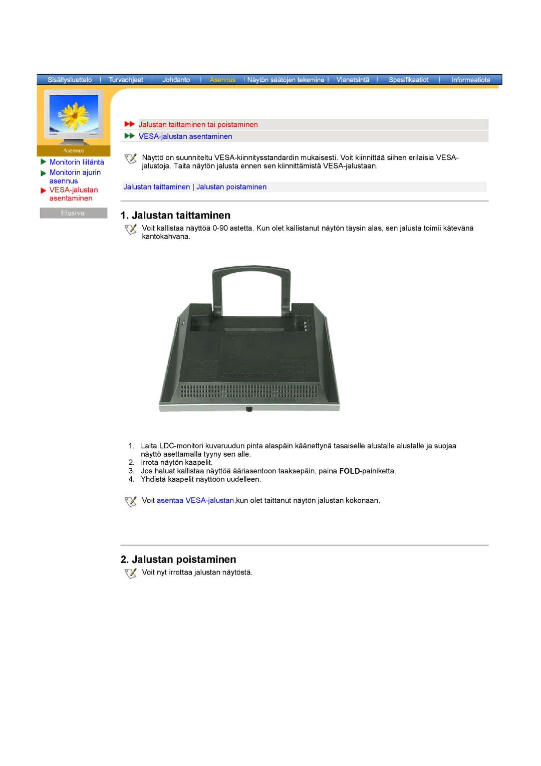 Samsung RT17ASSST/EDC, RT15ASSST/EDC manual Jalustan poistaminen, Jalustan taittaminen tai poistaminen 