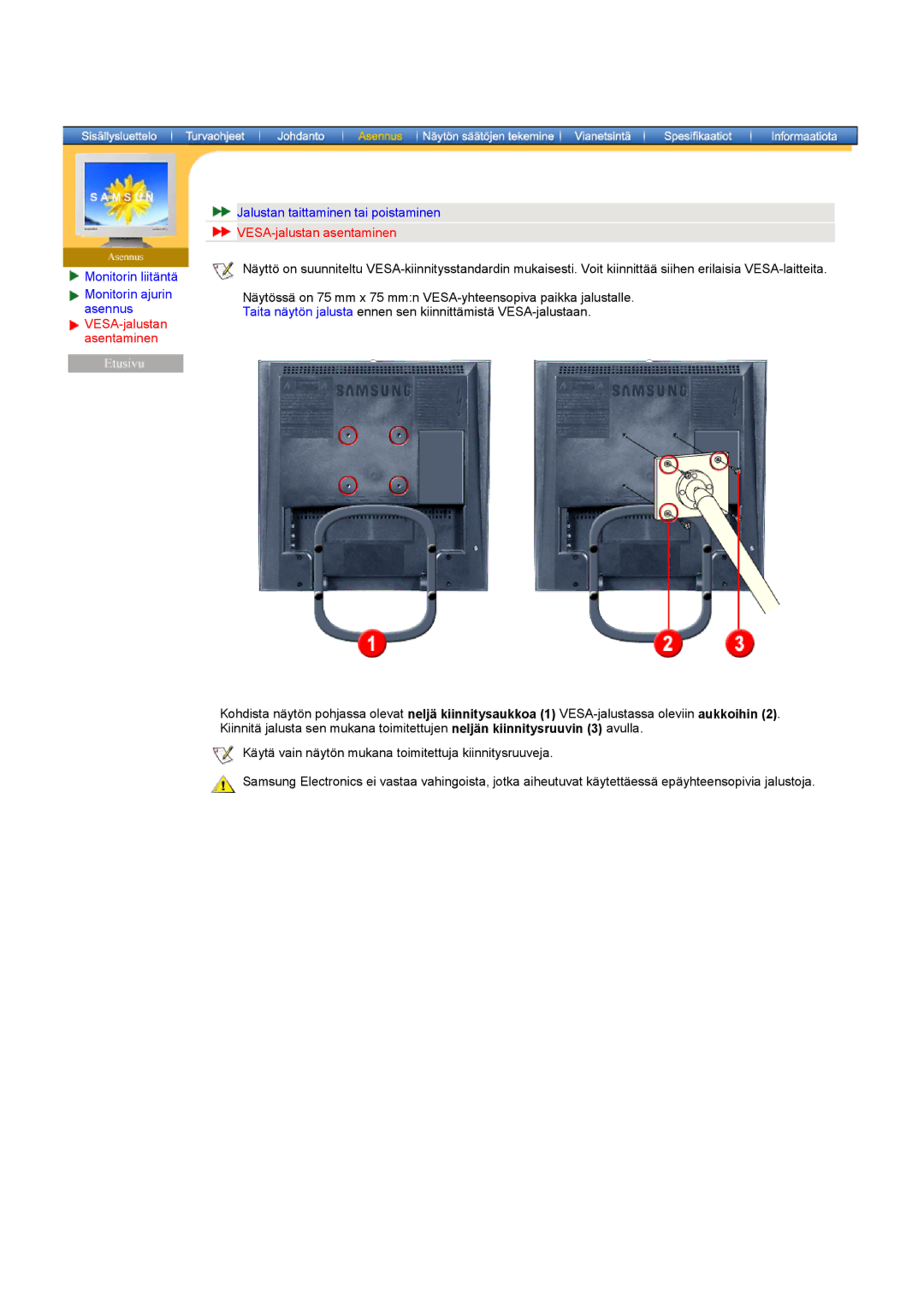 Samsung RT17ASSST/EDC, RT15ASSST/EDC manual VESA-jalustan asentaminen 