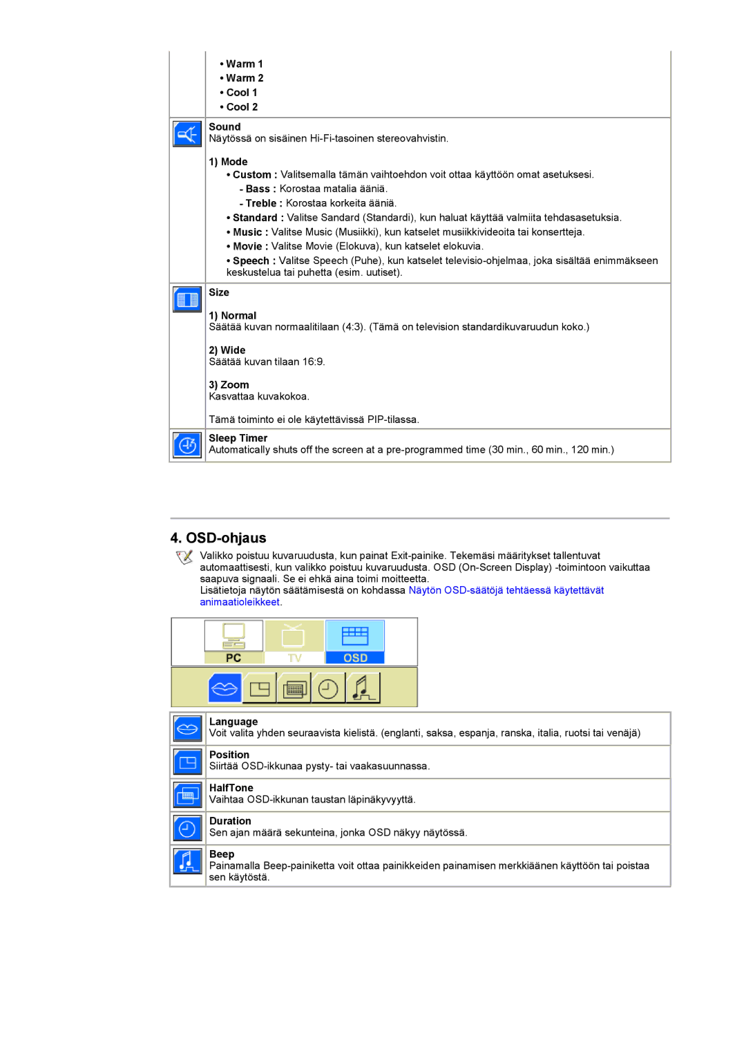 Samsung RT15ASSST/EDC, RT17ASSST/EDC manual OSD-ohjaus, Warm Cool Sound 