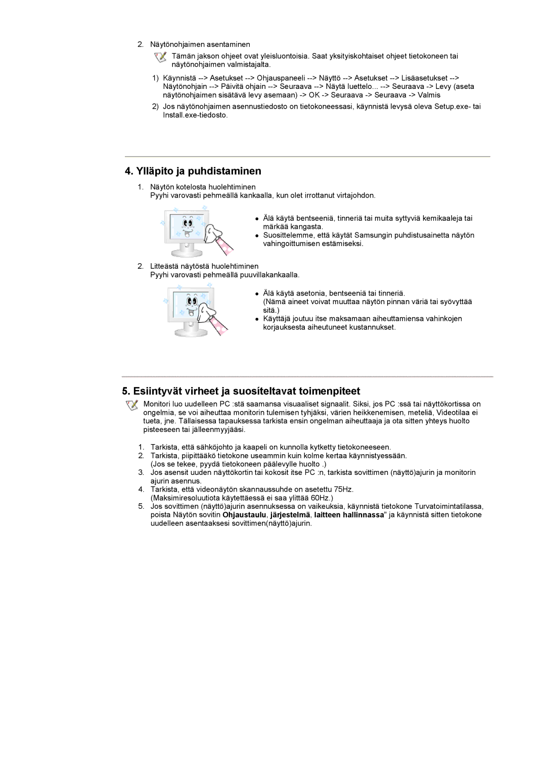 Samsung RT15ASSST/EDC, RT17ASSST/EDC manual Ylläpito ja puhdistaminen, Esiintyvät virheet ja suosíteltavat toimenpiteet 