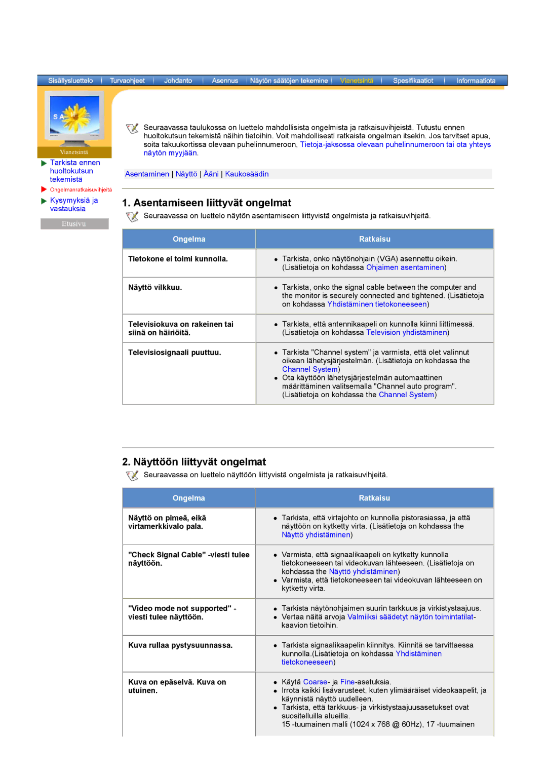 Samsung RT17ASSST/EDC, RT15ASSST/EDC manual Asentamiseen liittyvät ongelmat, Näyttöön liittyvät ongelmat 