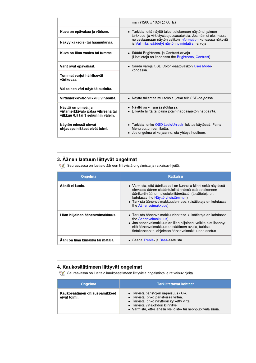 Samsung RT15ASSST/EDC, RT17ASSST/EDC manual Äänen laatuun liittyvät ongelmat, Kaukosäätimeen liittyvät ongelmat 