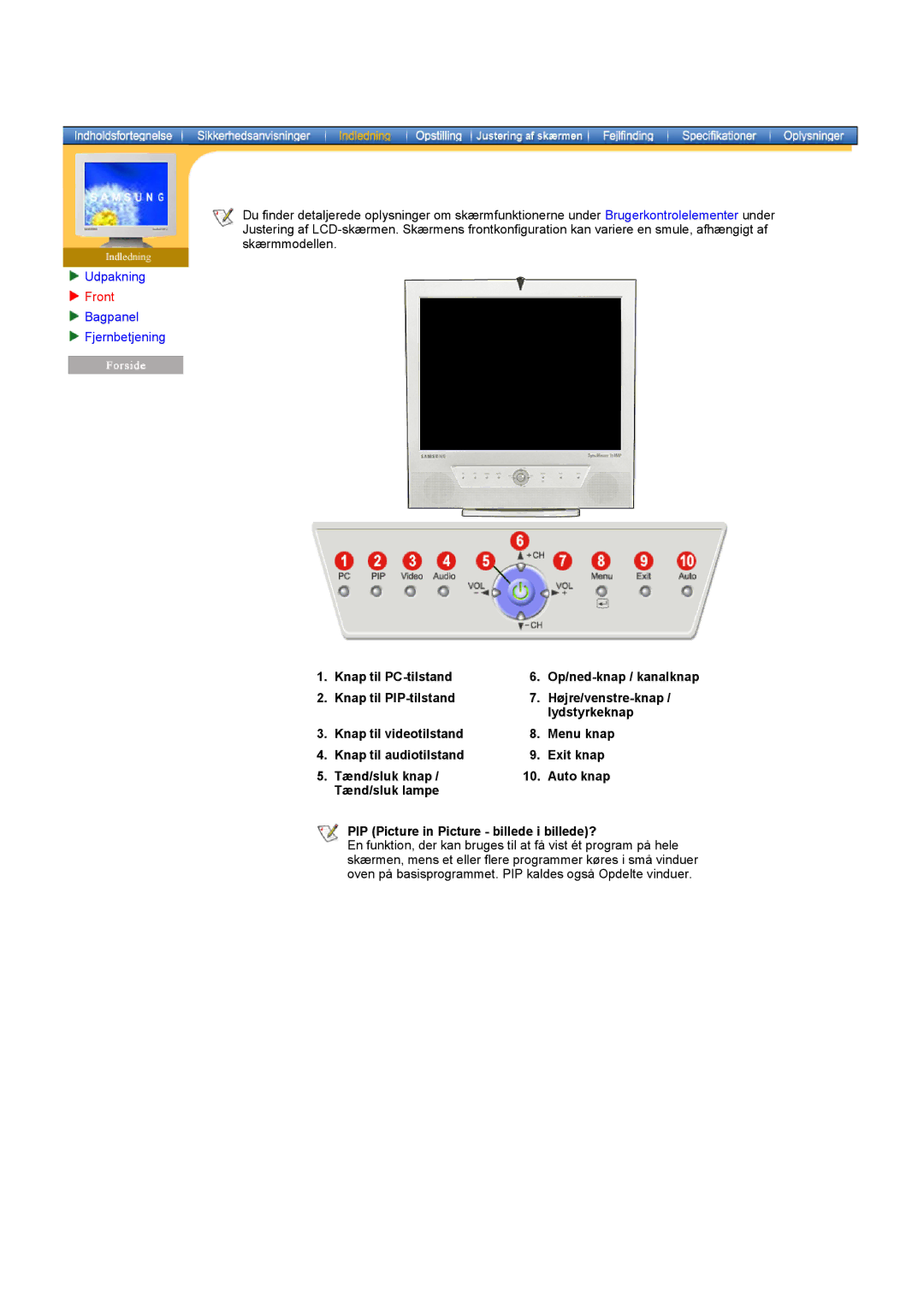 Samsung RT15ASSST/EDC, RT17ASSST/EDC manual Front, Knap til PC-tilstand 