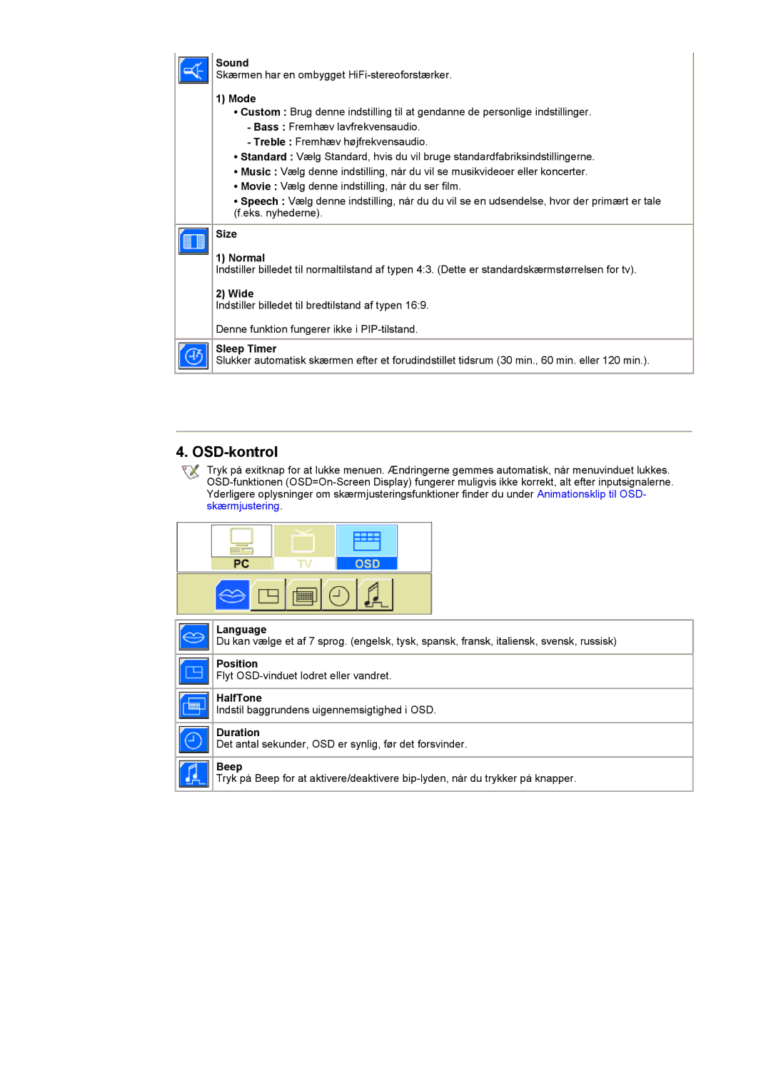 Samsung RT15ASSST/EDC, RT17ASSST/EDC manual OSD-kontrol, Language, HalfTone, Duration, Beep 