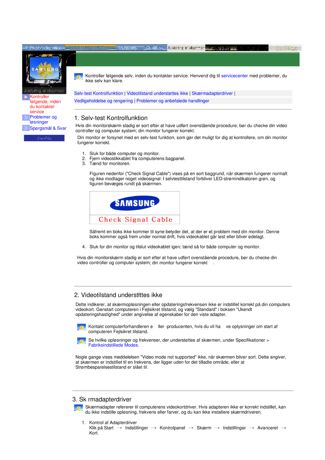 Samsung RT17ASSST/EDC, RT15ASSST/EDC manual Selv-test Kontrolfunktion, Videotilstand understøttes ikke, Skærmadapterdriver 