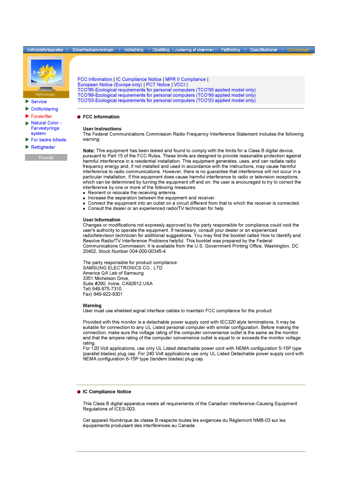 Samsung RT15ASSST/EDC manual Forskrifter, FCC Information User Instructions, User Information, IC Compliance Notice 