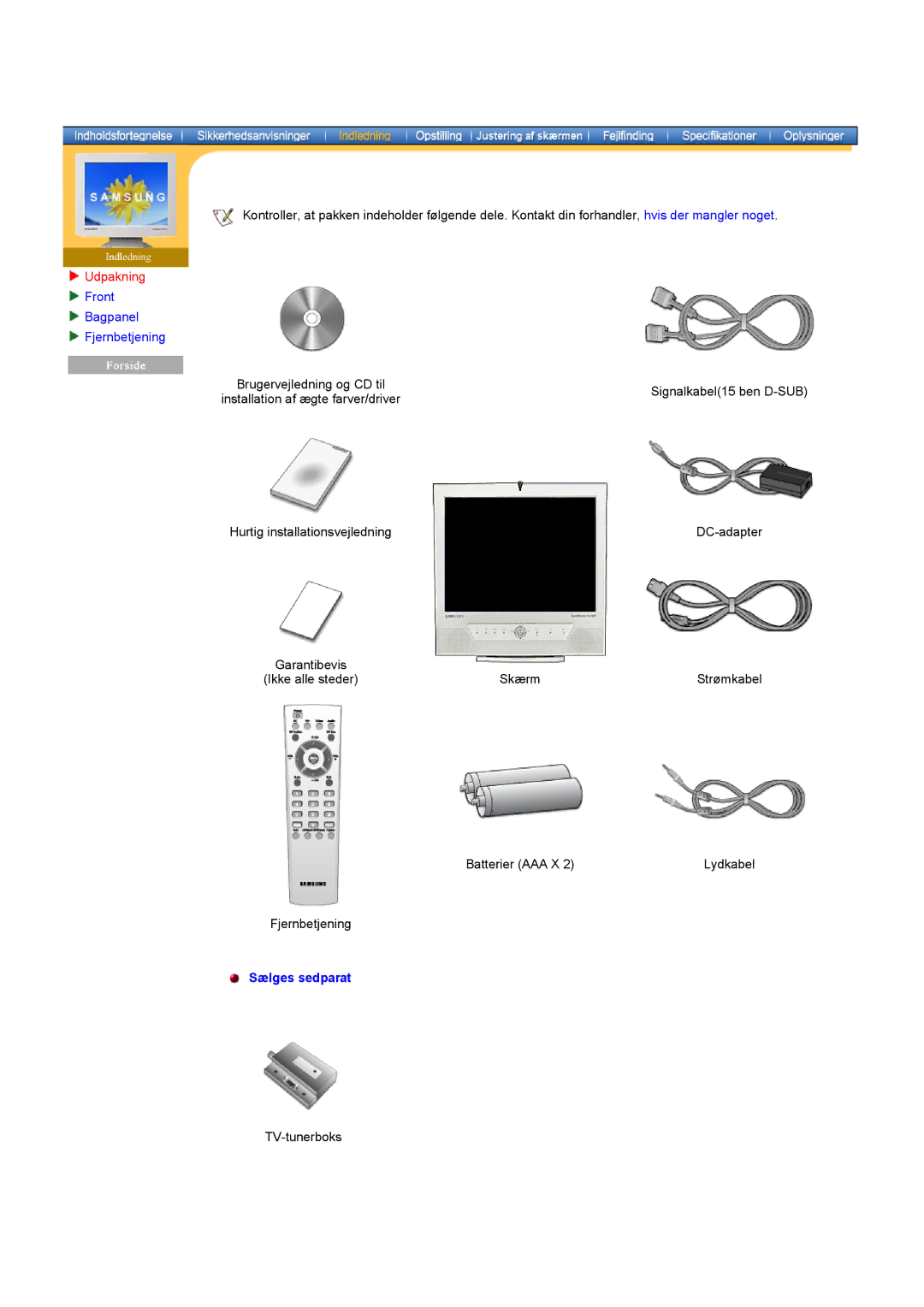 Samsung RT17ASSST/EDC, RT15ASSST/EDC manual Udpakning, Front Bagpanel Fjernbetjening 