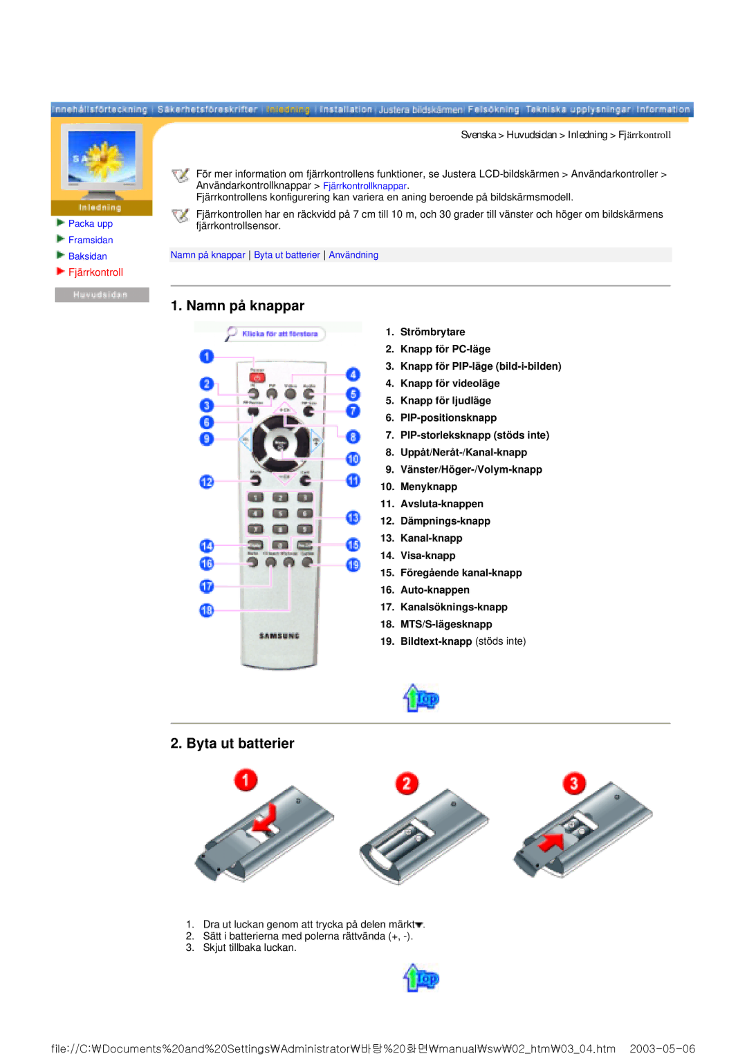 Samsung RT15ASSST/EDC, RT17ASSST/EDC manual Namn på knappar, Byta ut batterier, Fjärrkontroll 