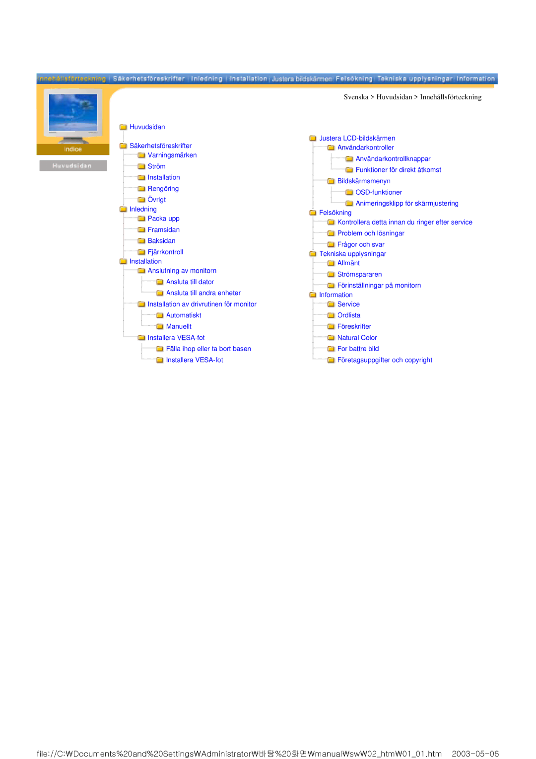 Samsung RT15ASSST/EDC, RT17ASSST/EDC manual Svenska Huvudsidan Innehållsförteckning 