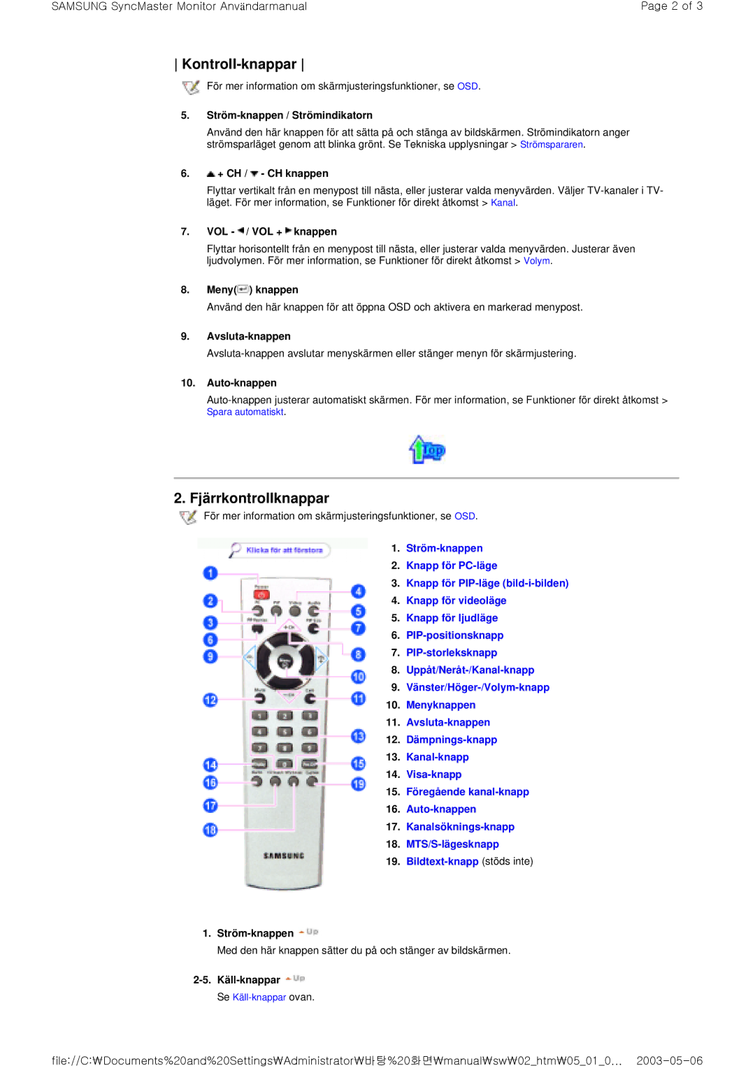 Samsung RT17ASSST/EDC, RT15ASSST/EDC manual Kontroll-knappar, Fjärrkontrollknappar 