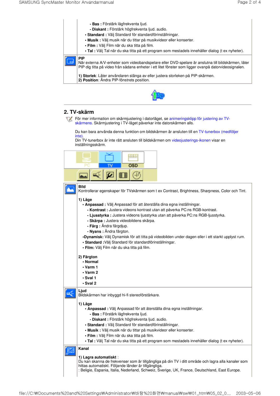 Samsung RT15ASSST/EDC, RT17ASSST/EDC manual TV-skärm, Bild, Färgton Normal Varm Sval Ljud, Kanal Lagra automatiskt 