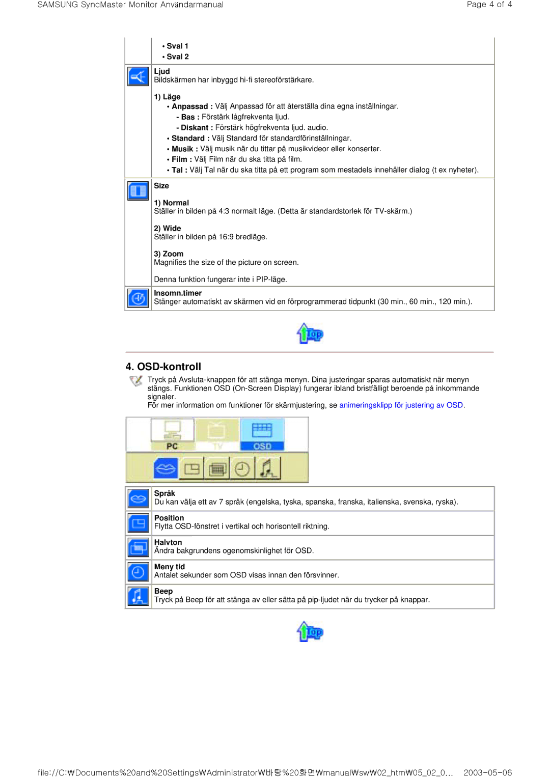 Samsung RT15ASSST/EDC, RT17ASSST/EDC manual OSD-kontroll, Sval Ljud 