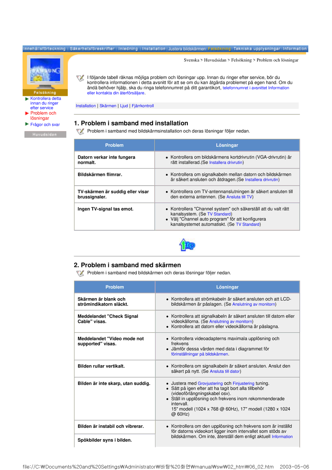 Samsung RT17ASSST/EDC, RT15ASSST/EDC manual Problem i samband med installation, Problem i samband med skärmen 