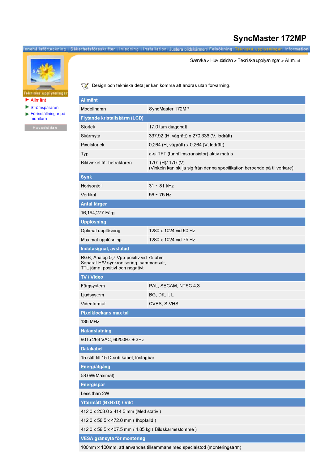 Samsung RT15ASSST/EDC, RT17ASSST/EDC manual Modellnamn SyncMaster 172MP 