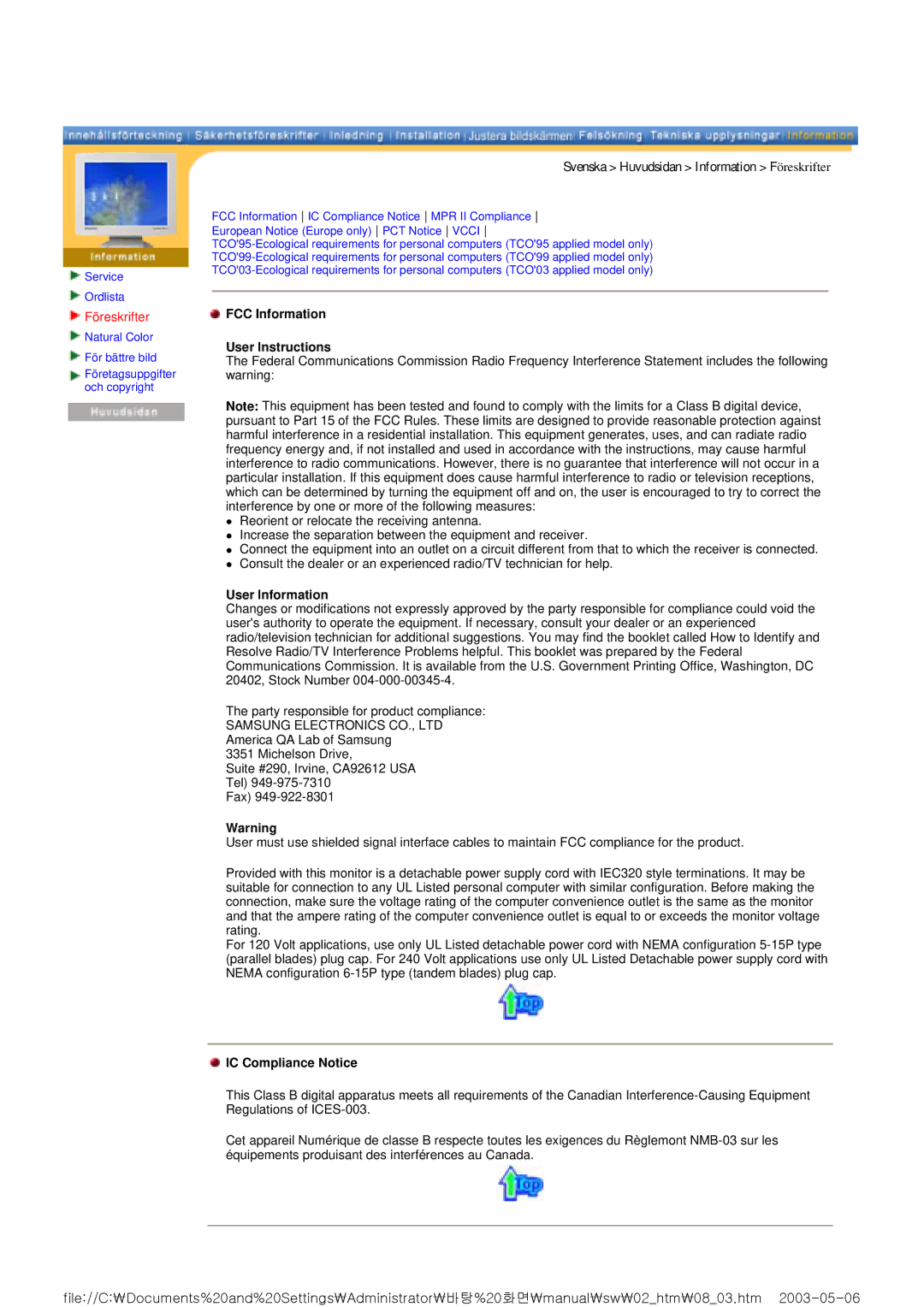 Samsung RT15ASSST/EDC manual Föreskrifter, FCC Information User Instructions, User Information, IC Compliance Notice 