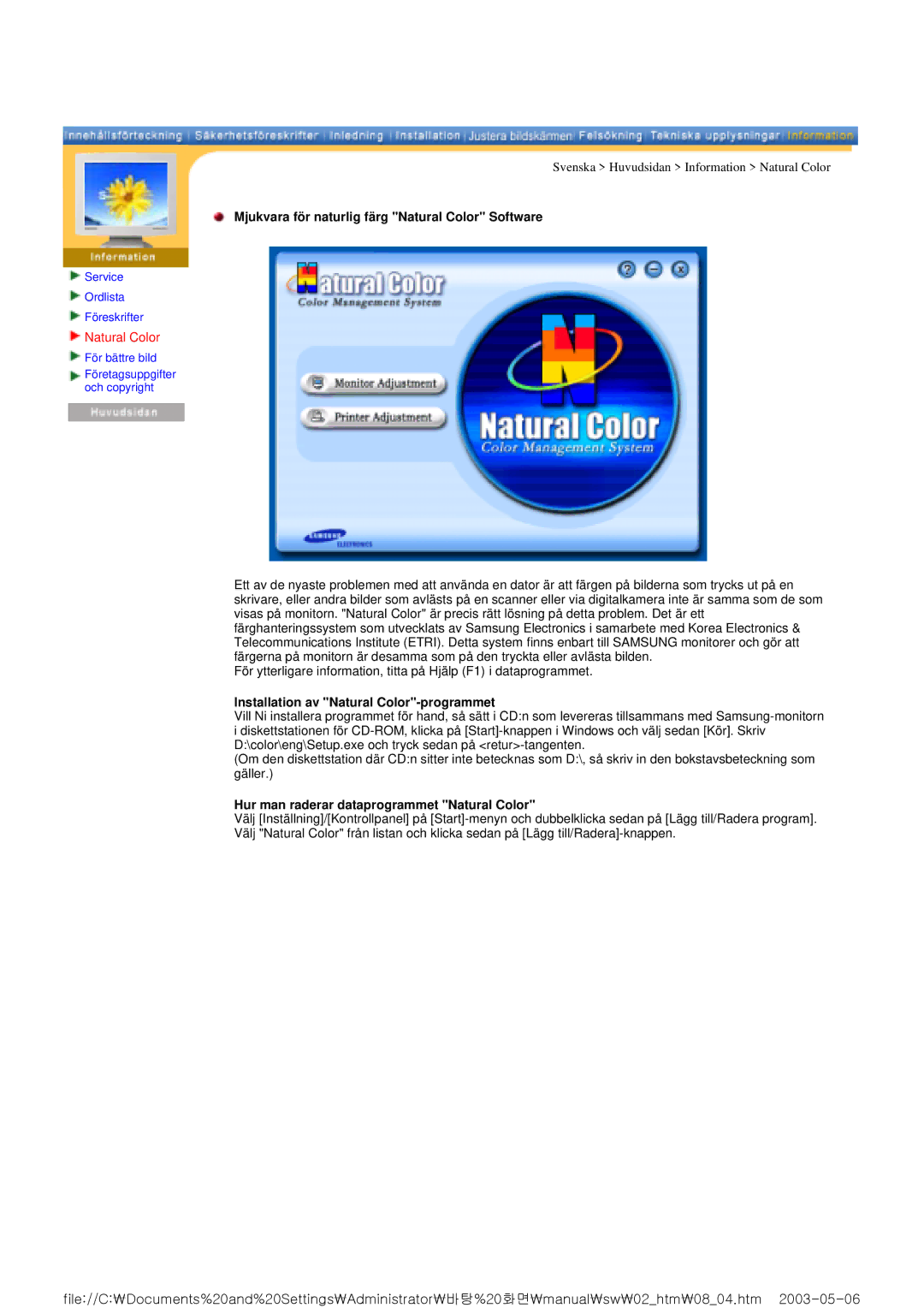 Samsung RT17ASSST/EDC manual Mjukvara för naturlig färg Natural Color Software, Installation av Natural Color-programmet 