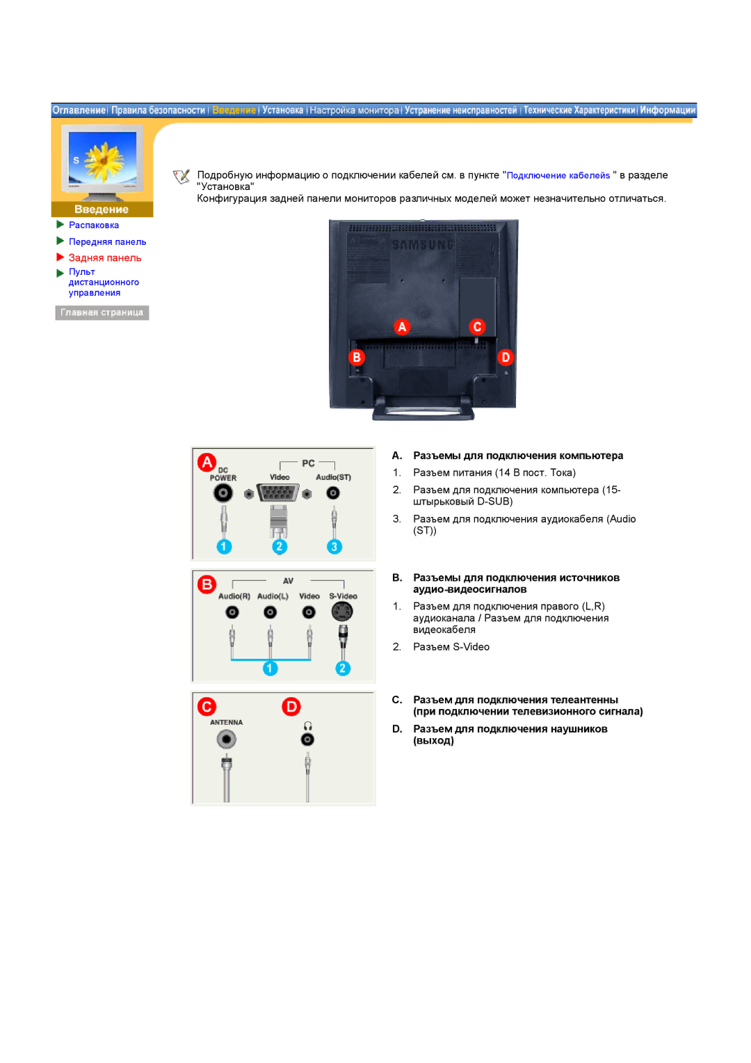 Samsung RT17ASSST/EDC, RT15ASSST/EDC manual Задняя панель, Разъемы для подключения компьютера 