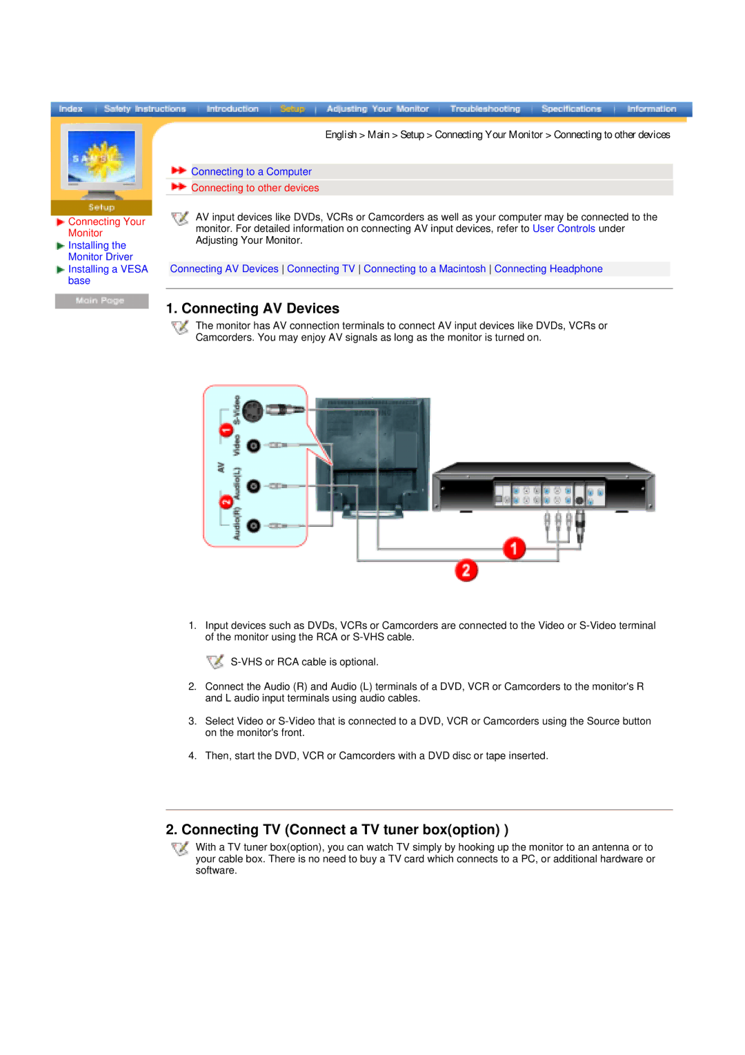 Samsung RT17ASSS/VNT manual Connecting AV Devices, Connecting TV Connect a TV tuner boxoption, Connecting to other devices 