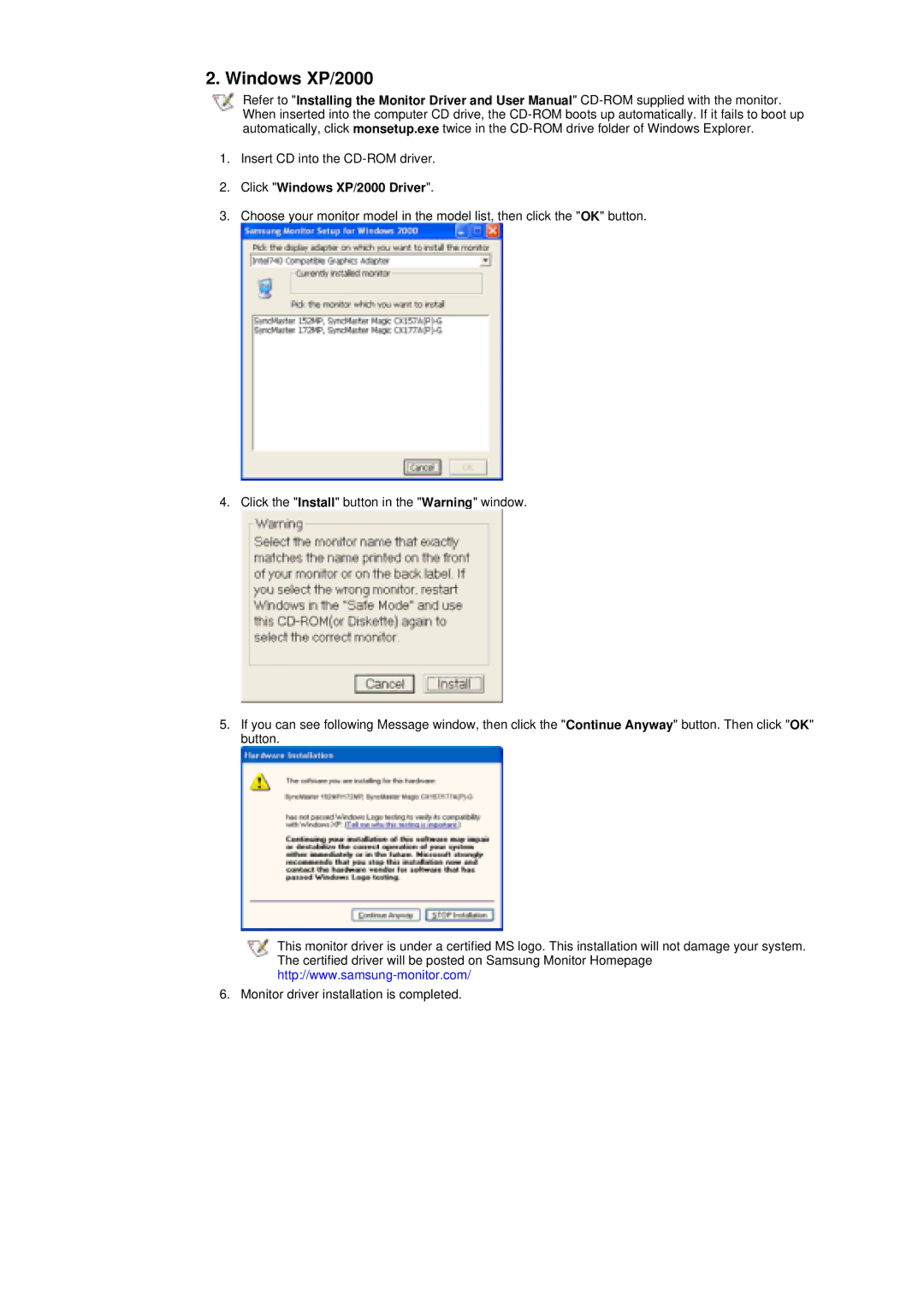 Samsung RT17ASSS/VNT manual Click Windows XP/2000 Driver 