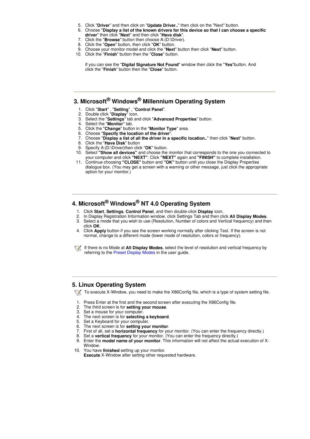 Samsung RT17ASSS/VNT manual Microsoft Windows Millennium Operating System, Microsoft Windows NT 4.0 Operating System 