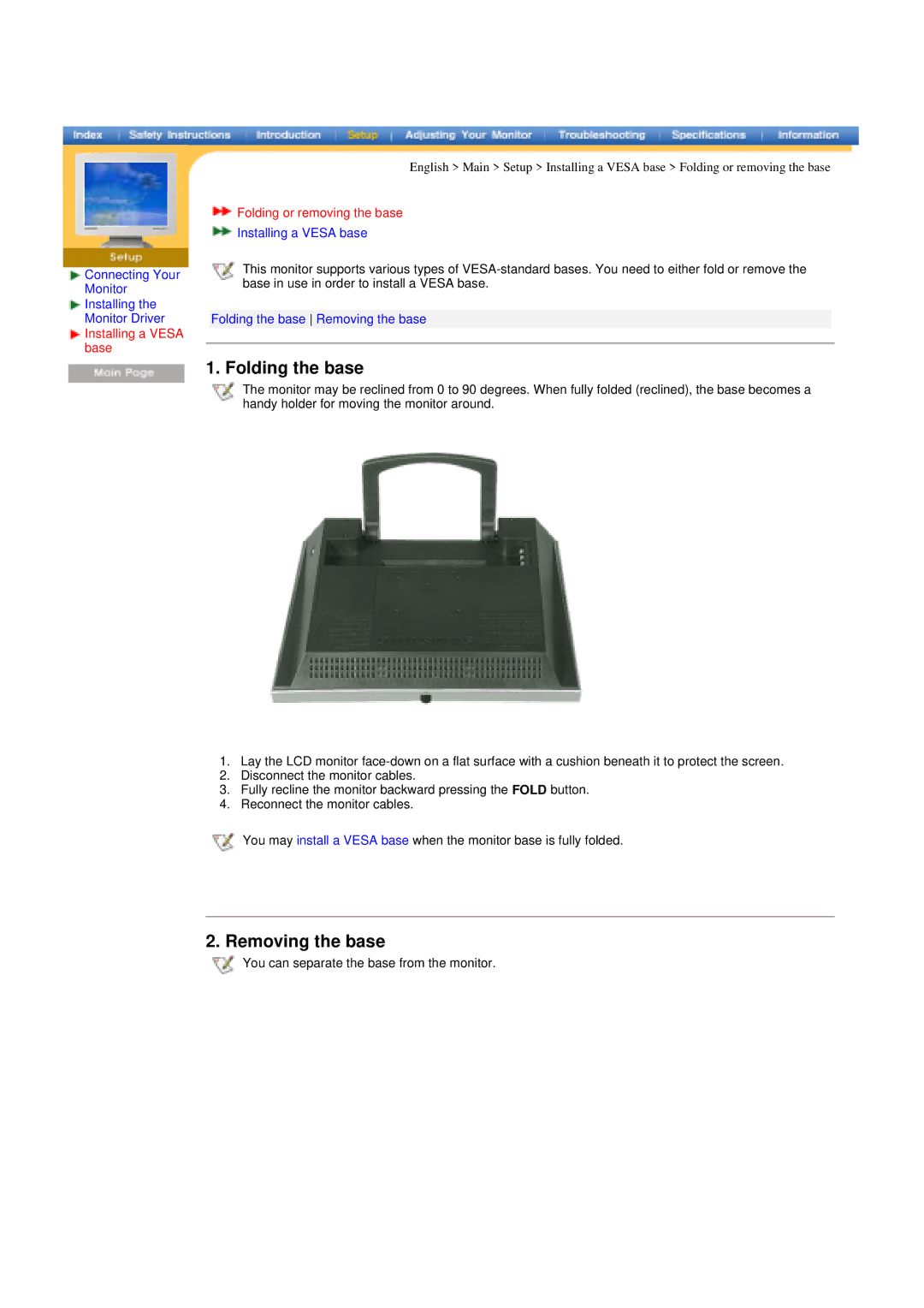 Samsung RT17ASSS/VNT manual Folding the base, Removing the base, Folding or removing the base 