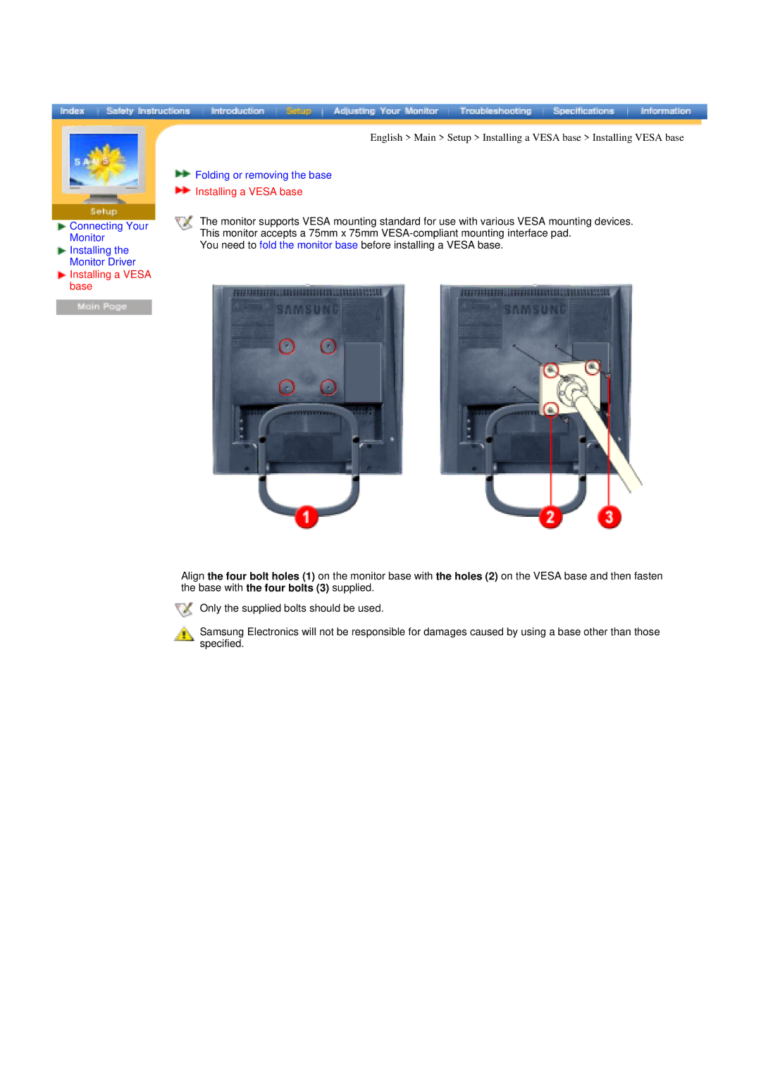 Samsung RT17ASSS/VNT manual Installing a Vesa base 