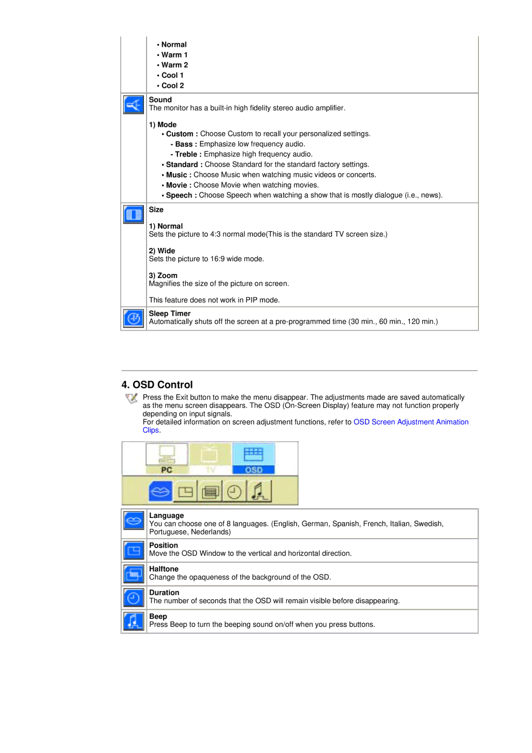 Samsung RT17ASSS/VNT manual OSD Control, Normal Warm Cool Sound 