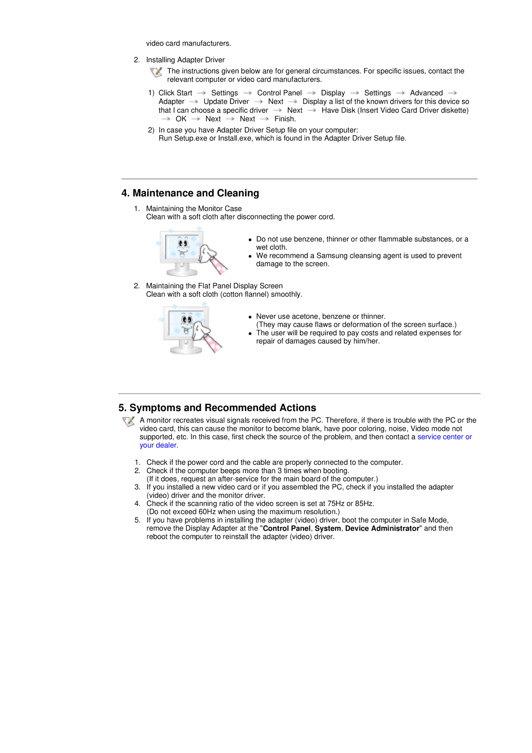 Samsung RT17ASSS/VNT manual Maintenance and Cleaning, Symptoms and Recommended Actions 