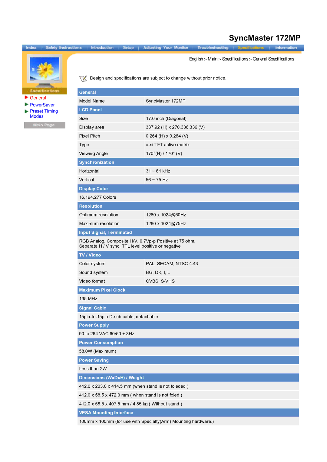 Samsung RT17ASSS/VNT manual Model Name SyncMaster 172MP 