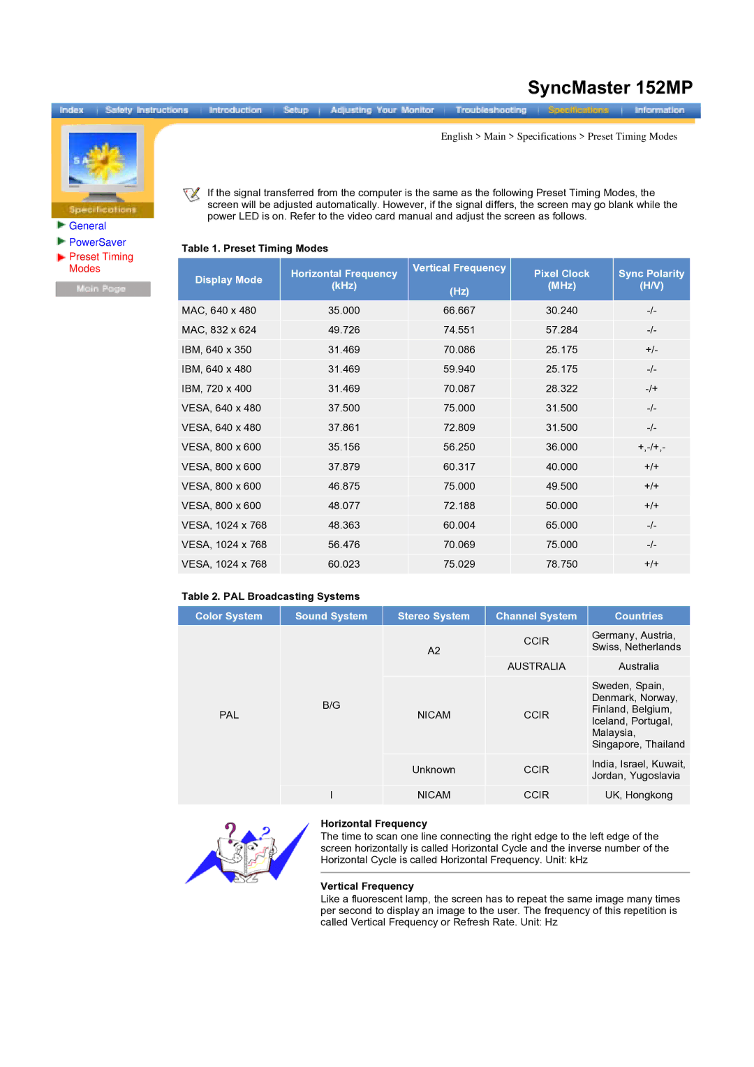 Samsung RT17ASSS/VNT manual Preset Timing Modes, PAL Broadcasting Systems, Horizontal Frequency, Vertical Frequency 