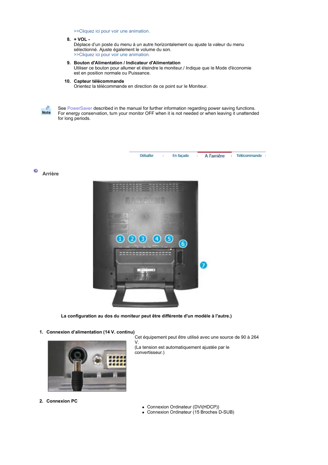 Samsung RT19FSSS/EDC manual Arrière, Bouton dAlimentation / Indicateur dAlimentation, Connexion PC 