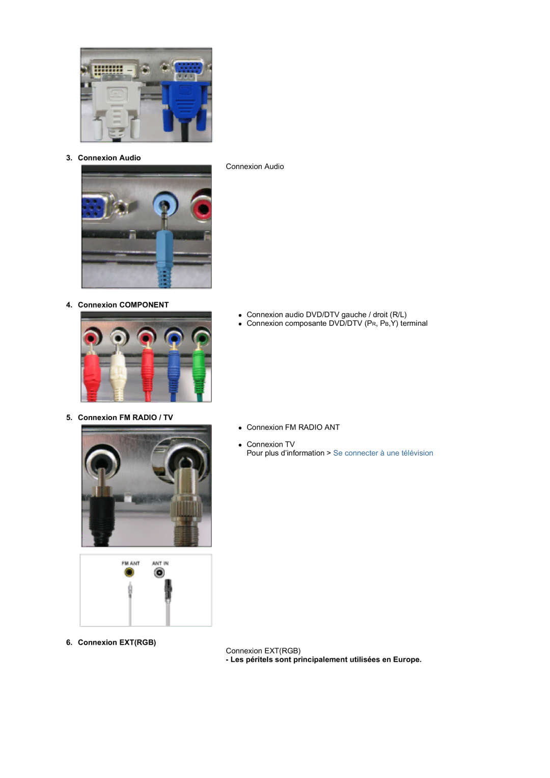 Samsung RT19FSSS/EDC manual Connexion Audio, Connexion Component, Connexion FM Radio / TV, Connexion Extrgb 