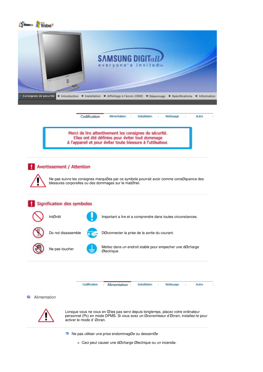 Samsung RT19FSSS/EDC manual Alimentation, Ne pas utiliser une prise endommagée ou desserrée 